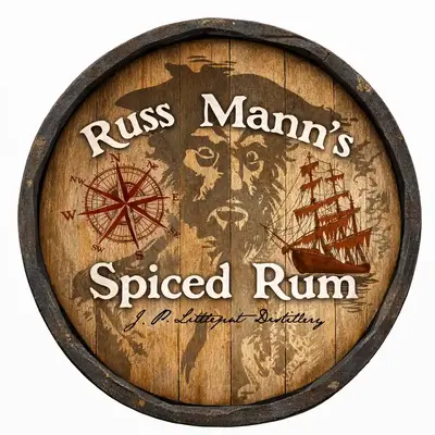 Russ Mann’s Spiced Rum round barrel head wall sign featuring pirate face, compass rose and sailing ship artwork.