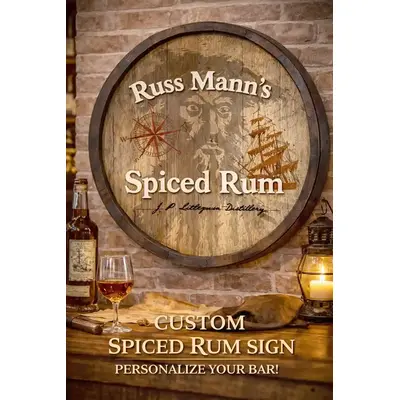 Blackbeard's Spiced Rum round barrel head wall sign featuring pirate face, compass rose and sailing ship artwork with rum bottle.