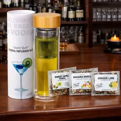 Liquor Quik Vodka Infusion Kit displayed on home bar setting with three botanical infusion packets