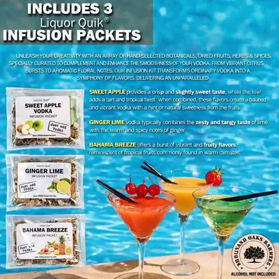 Sweet Apple, Ginger Lime and Bahama Breeze vodka infusion packets displayed with tropical cocktails and flavor profiles