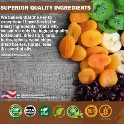 Premium dried fruits and botanicals used in Liquor Quik Vodka Infusion Kit including apple, ginger, lime and tropical ingredients