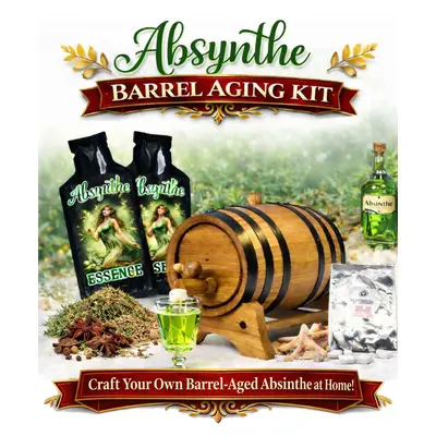 Absynthe Barrel Aging Kit with oak barrel, Green Fairy essence packets, herbal botanicals, and absinthe style glass filled with vibrant green spirit.