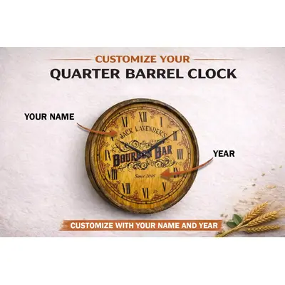 Customizable quarter barrel clock showing where personalized name and year can be added to the bourbon barrel wall clock design.