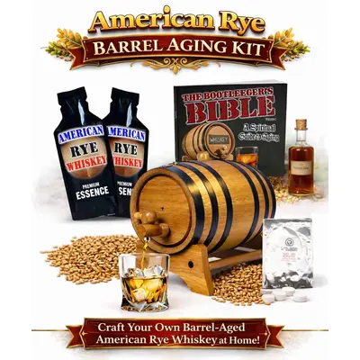 American Rye Whiskey barrel aging kit with American white oak barrel, rye essence and accessories for crafting rye whiskey at home.