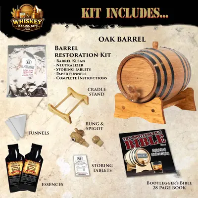 Text: American Single Malt Whiskey kit includes oak barrel, essence packets, funnels, storing tablets, and Bootlegger’s Bible guide.