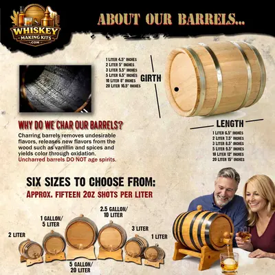 Charred American white oak aging barrels available in multiple sizes for home rum and whiskey aging