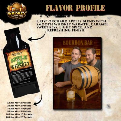 Apple Whiskey flavor profile showing crisp orchard apple, caramel sweetness, light spice and smooth finish from oak barrel aging kit.