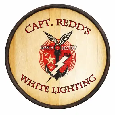 Custom Capt Redd’s White Lightning 20–21 inch quarter barrel sign with anchor and lightning bolt graphic on rustic wood background.