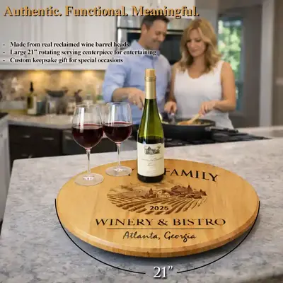 Authentic reclaimed wine barrel lazy susan serving wine glasses and bottle in a kitchen entertaining scene.