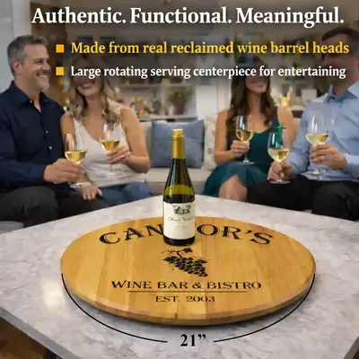 Authentic reclaimed wine barrel head lazy susan 21 inch rotating oak serving centerpiece with wine bottle for entertaining