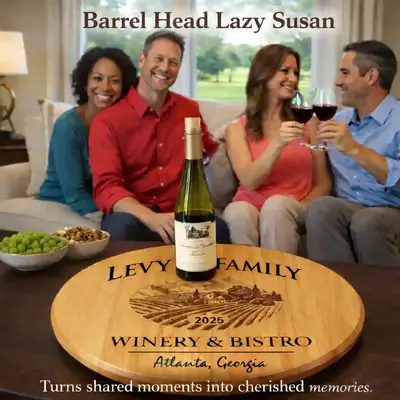 Couples enjoying wine around a personalized barrel head lazy susan centerpiece on a coffee table.