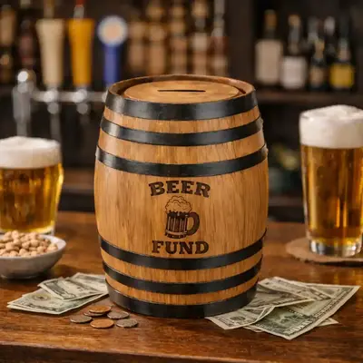 Mini oak barrel beer fund piggy bank on bar counter surrounded by coins and cash saving money for beer