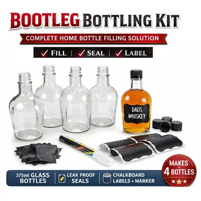Bootleg Bottling Kit includes four 375ml glass bottles, caps, chalkboard labels, heat shrink seals, and marker
