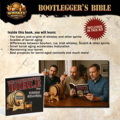 ootlegger’s Bible whiskey and rum aging guide included with small barrel making kit