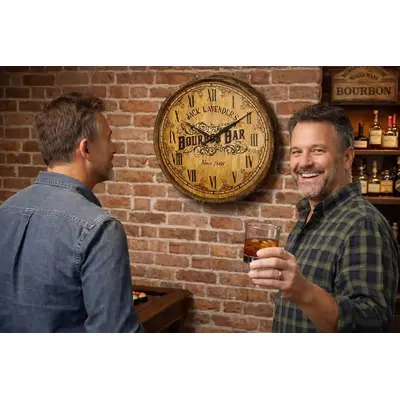 Rustic bourbon barrel clock mounted on brick wall in a bourbon themed game room with two men enjoying whiskey and admiring the personalized barrel clock.