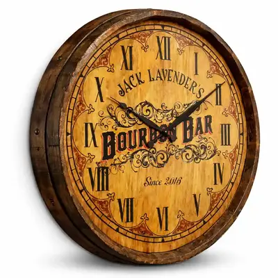 21 inch handcrafted badge graphic highlighting the large size and handmade quality of the quarter barrel clock side view.