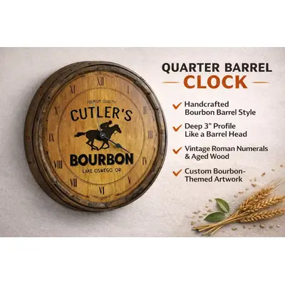 Rustic bourbon barrel style quarter barrel clock with vintage roman numerals handcrafted bar décor.