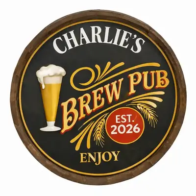 Charlie’s Brew Pub 20–21 inch round wooden barrel head sign featuring raised beer glass and vintage typography.