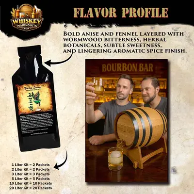 Absinthe flavor profile showing bold anise, fennel, wormwood botanicals and oak barrel aging demonstration with home tasting setup.