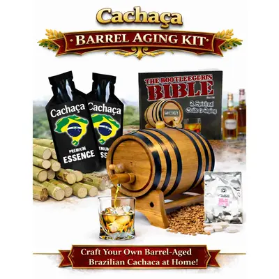 Brazilian Cachaça barrel aging kit with oak barrel, sugarcane stalks, premium essence packets, and aged spirit glass ready to pour.