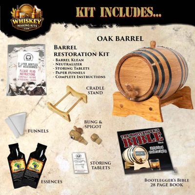 Cachaça making kit includes oak aging barrel, sugarcane essence packets, restoration kit, funnels, spigot, cradle stand, and Bootlegger’s Bible guide.