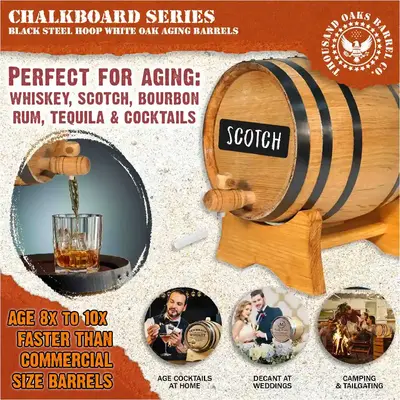 Chalkboard aging barrel labeled “Scotch” displayed with chalk, a pouring whiskey photo, and icons showing uses such as aging cocktails at home, weddings, and tailgating. Emphasizes 8x–10x faster aging.