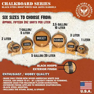 Lineup of chalkboard aging barrels from 2 liters to 5 gallons with labels like Scotch, Whiskey, Bourbon, Tequila, and Rum, promoting American white oak construction and hobby-grade quality.