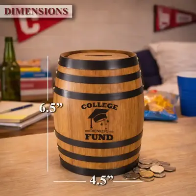 College Drinking Fund mini oak barrel piggy bank showing dimensions of 6.5 inches tall and 4.5 inches wide on a dorm room desk with coins.