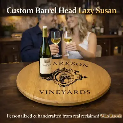 Personalized wine barrel lazy susan anniversary gift being opened by woman in living room