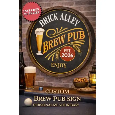 Custom Brew Pub quarter barrel sign mounted on brick wall highlighting 3D beer glass relief and solid wood rim.