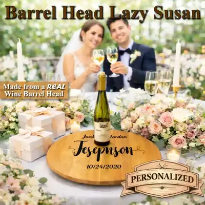 Custom engraved wine barrel head lazy susan made from authentic winery barrel wood with personalized wedding names.