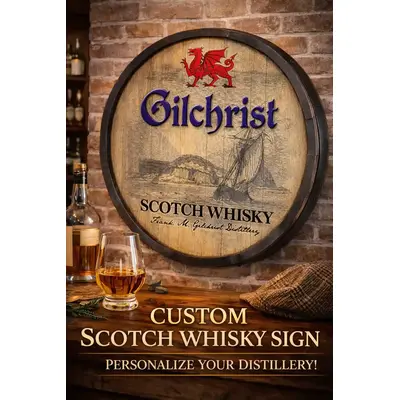 Custom Gilchrist Scotch Whisky quarter barrel sign featuring red Welsh dragon crest and vintage sailing ship artwork, personalized 20–21 inch round handmade wooden barrel head wall decor displayed in home bar with whisky glass and bottle.