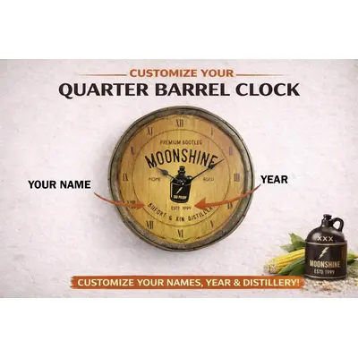 Custom moonshine barrel end clock showing personalized name year and distillery engraving on rustic barrel style clock face.