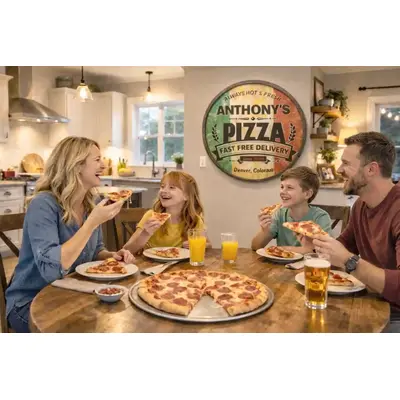 Handmade personalized pizza barrel sign mounted on kitchen wall with family enjoying pizza