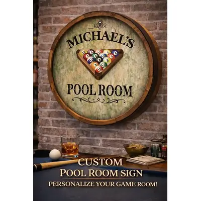 Close-up of Michael’s Pool Room quarter barrel sign mounted on brick wall highlighting 3D relief and handcrafted wood detail.
