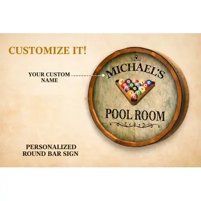 Customizable round pool room barrel sign showing personalized name option.