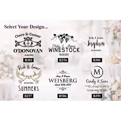 Personalized wine barrel head wedding guestbook design options showing custom engraving styles for names and wedding dates.