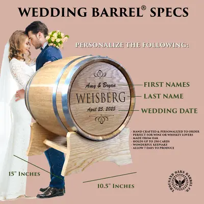 Custom oak wedding barrel card box personalized with names and wedding date for rustic wedding decor.