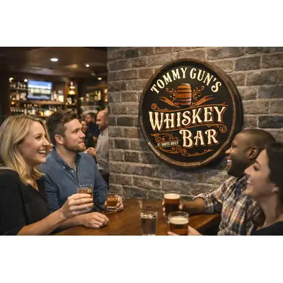 Rustic pub interior featuring 20–21 inch handmade wooden whiskey bar quarter barrel wall sign with dimensional depth.