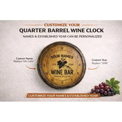 Personalized Quarter Barrel Wine Clock – Custom Names and Established Year Wine Bar Wall Clock