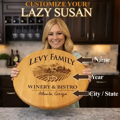 Woman holding personalized barrel head lazy susan showing custom engraving options for name year and location.