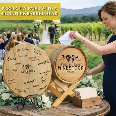 Engraved wedding card barrel with custom names and date paired with a signature barrel head guest book for weddings