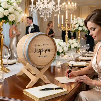 Rustic engraved wedding card barrel centerpiece on reception table used as custom keepsake card holder.