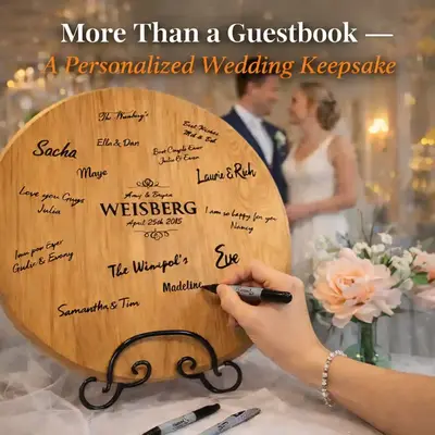Engraved wooden wedding guestbook board personalized with couple names and wedding date as guests sign during the reception.