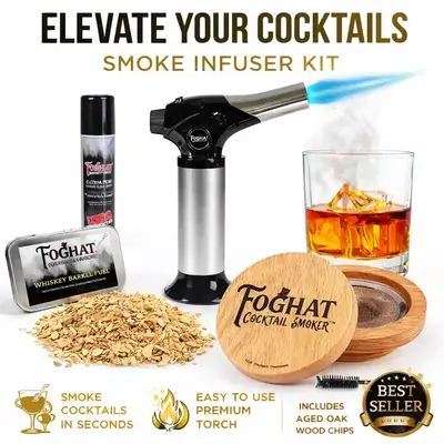 Foghat cocktail smoker kit smoke infuser with premium torch, aged oak wood chips, and smoked whiskey glass, best seller home bar accessory.
