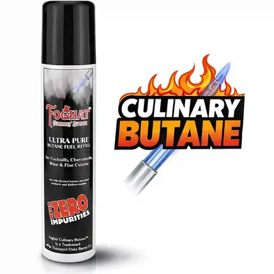 Foghat Culinary Butane ultra pure butane fuel refill canister with zero impurities label and clean white background