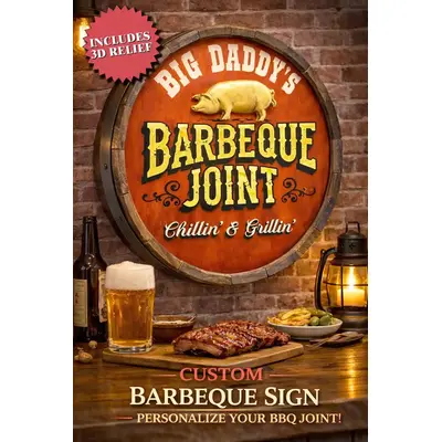 Personalized quarter barrel BBQ sign with raised 3D pig and vintage barbeque joint design