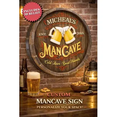Handmade barrel head man cave sign mounted on brick wall featuring raised 3D beer mugs