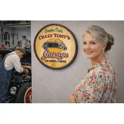 Personalized garage barrel head wall sign displayed in auto repair shop with mechanic holding wrenches beside classic car.