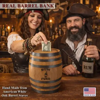 Handmade oak barrel piggy bank made from American White Oak barrel staves with rum fund engraving and Made in USA badge